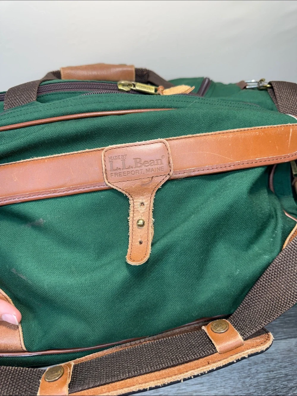 LL bean Green Canvas & Brown Leather Travel Duffel Bag